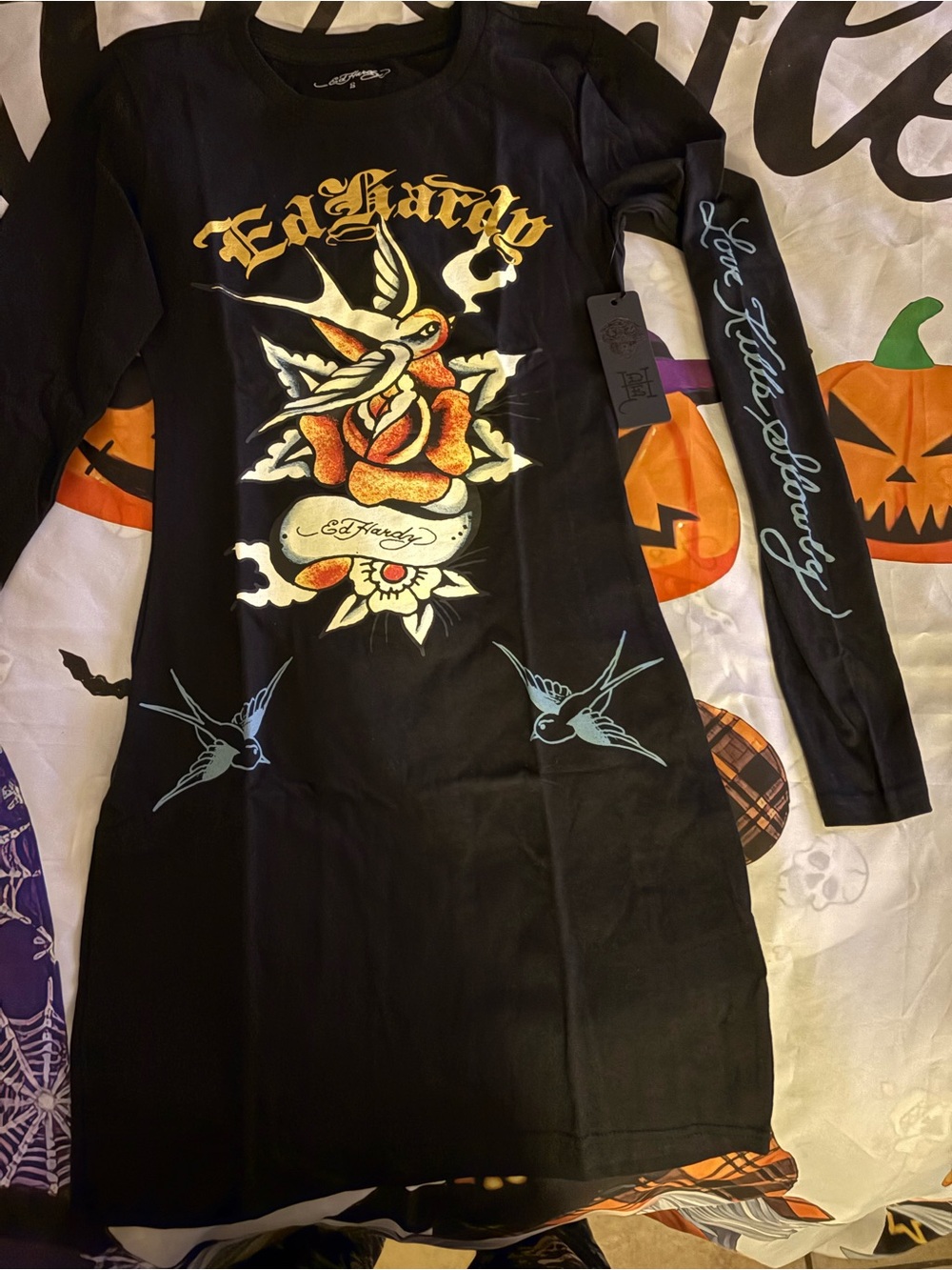 Ed Hardy Black Long-Sleeve Women’s Graphic Tee Dress with Yellow & Blue Motif